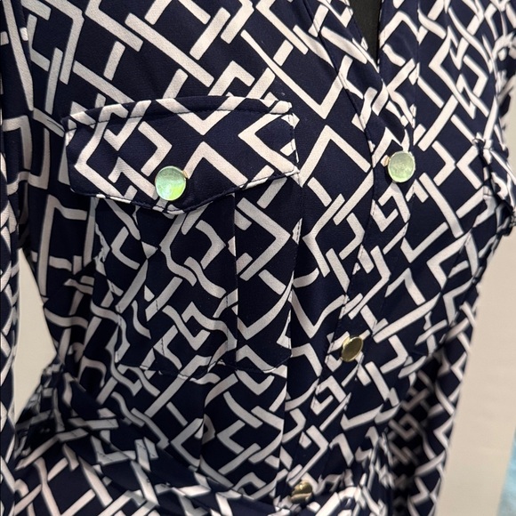 Jones New York Navy and White Patterned Long Sleeve Belted Dress Size 10 - Picture 8 of 10